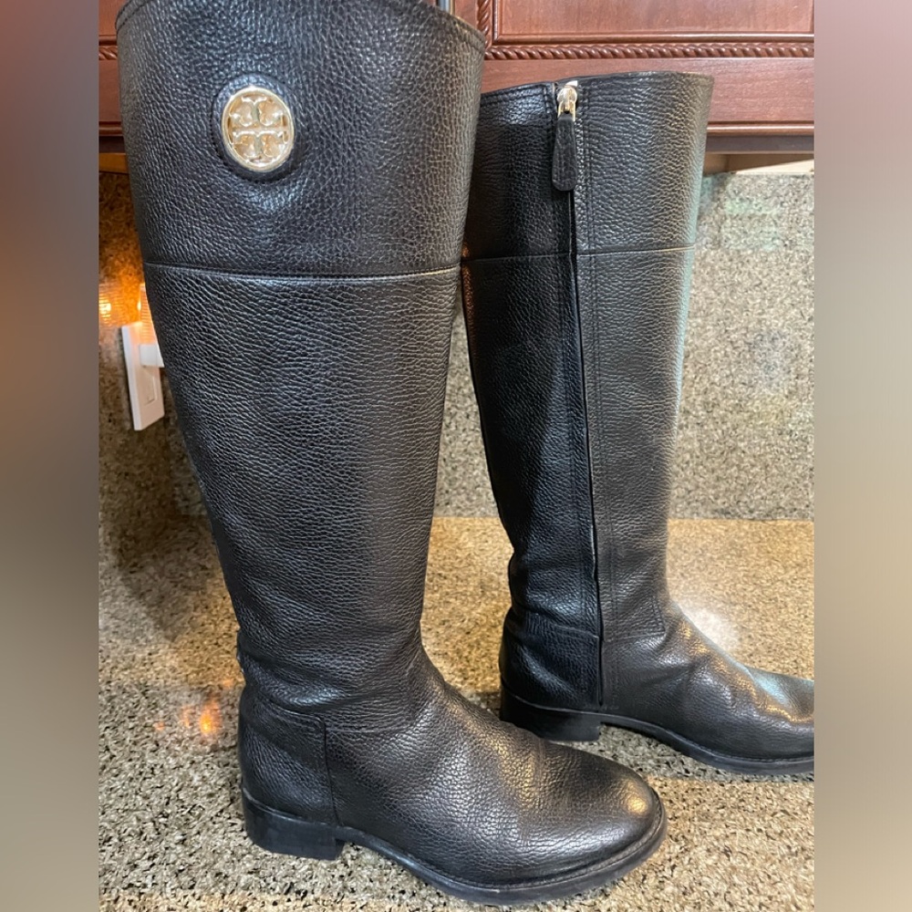 Tory Burch Junction Tall Riding Boots Black Tumbled Leather Size 6 1/2 M